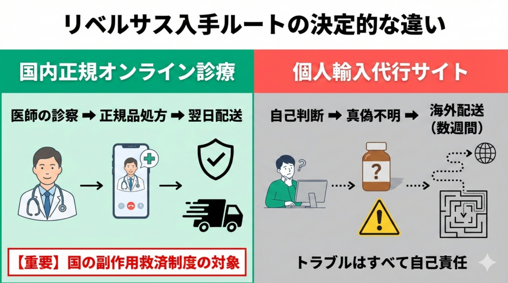 国内正規オンライン診療と個人輸入代行のフロー比較図。「国内オンライン診療」エンティティと「医薬品副作用被害救済制度」エンティティが直結していることに対し、個人輸入はそれらから孤立している論理構造を説明しています。